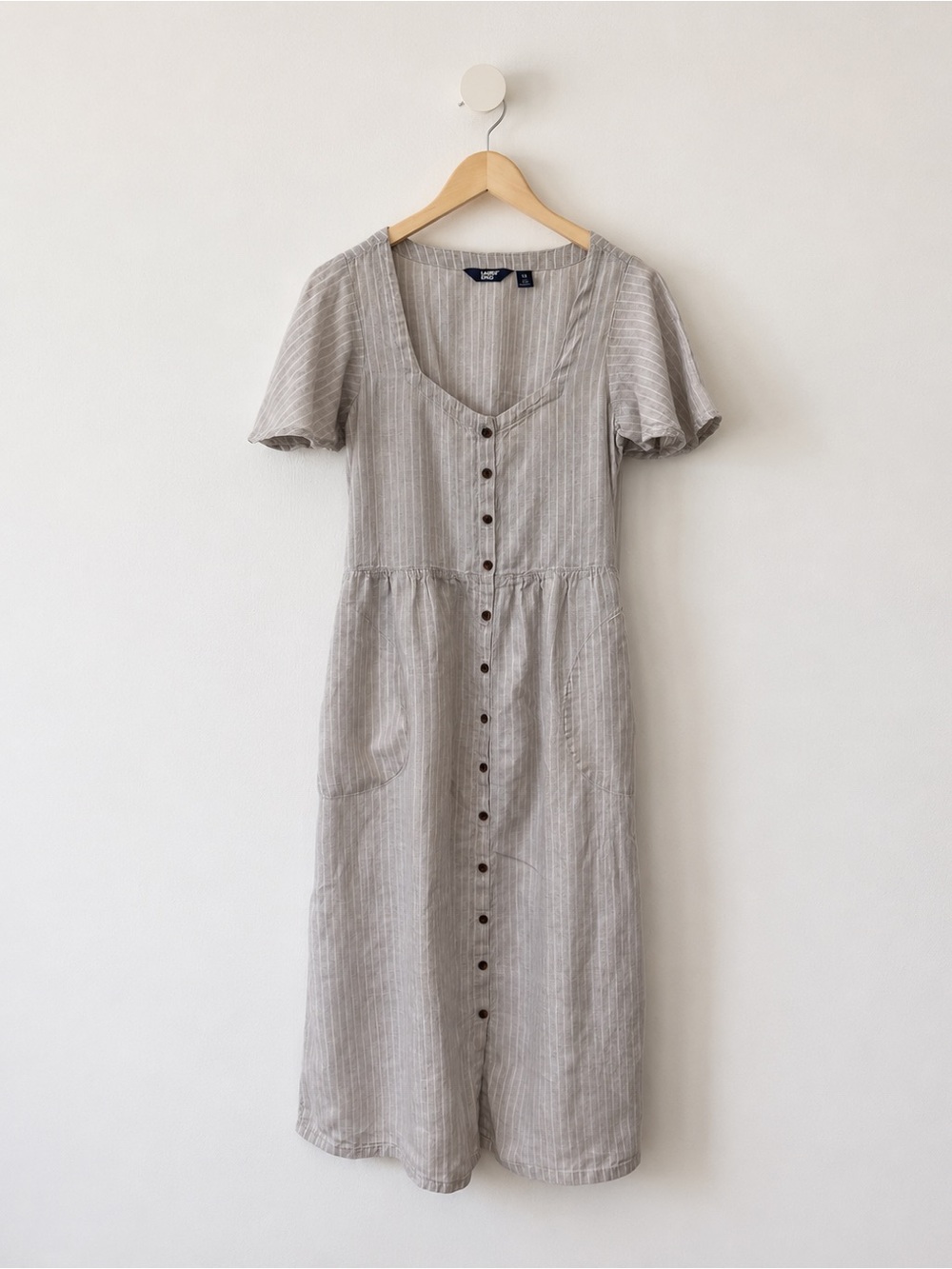 Lands' End 100% Linen Sweetheart Button Front Midi Dress Striped Natural Linen